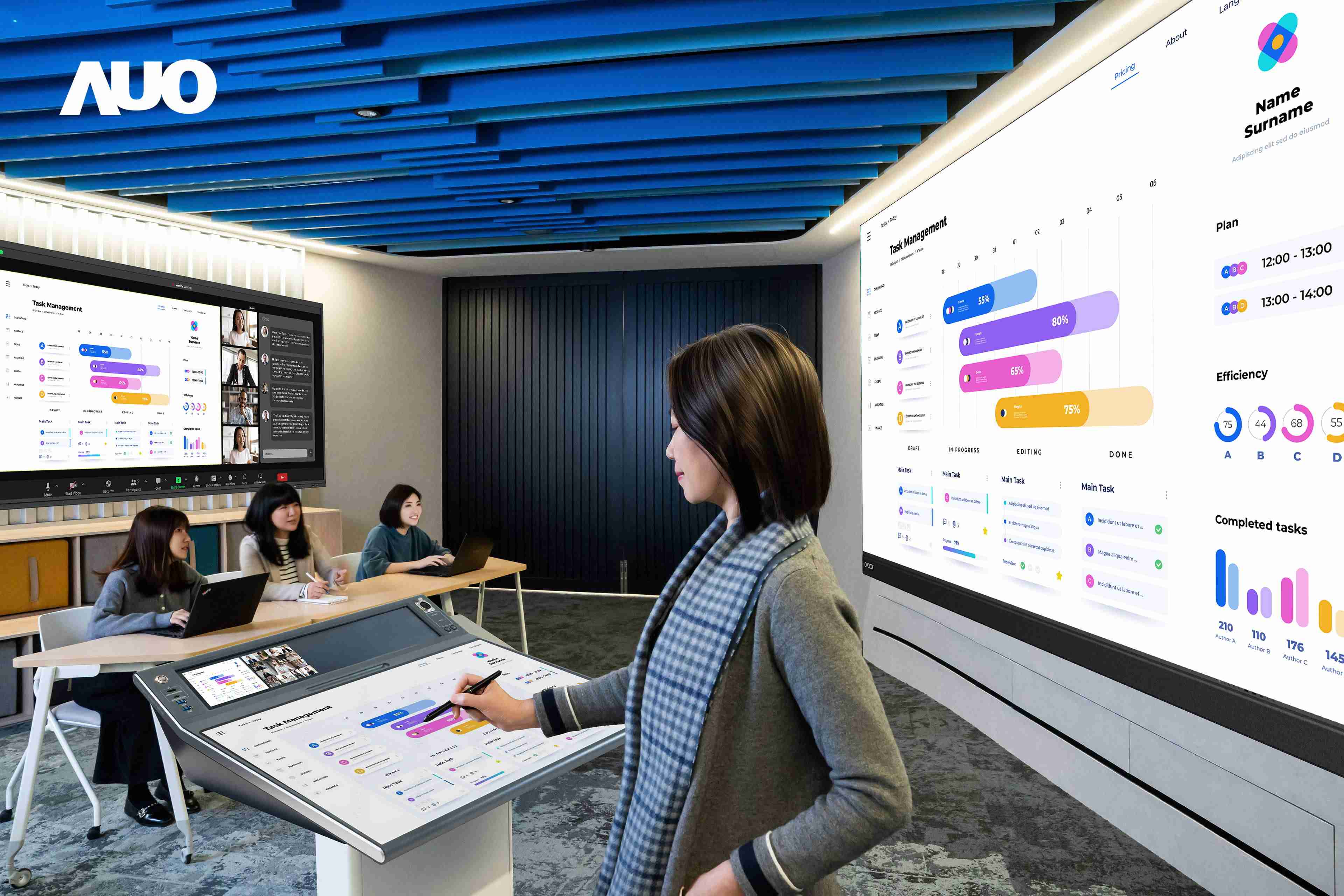 达擎携手Avocor与Rise Vision展示全方位商务领域应用，，包含采用模块化设计的138吋一体式All-in-One LED显示器及具21:9超宽比例的92吋交互式电子白板（IFPD），，，讲者可轻松分享内容，，，，有效提升会议协作效率。。